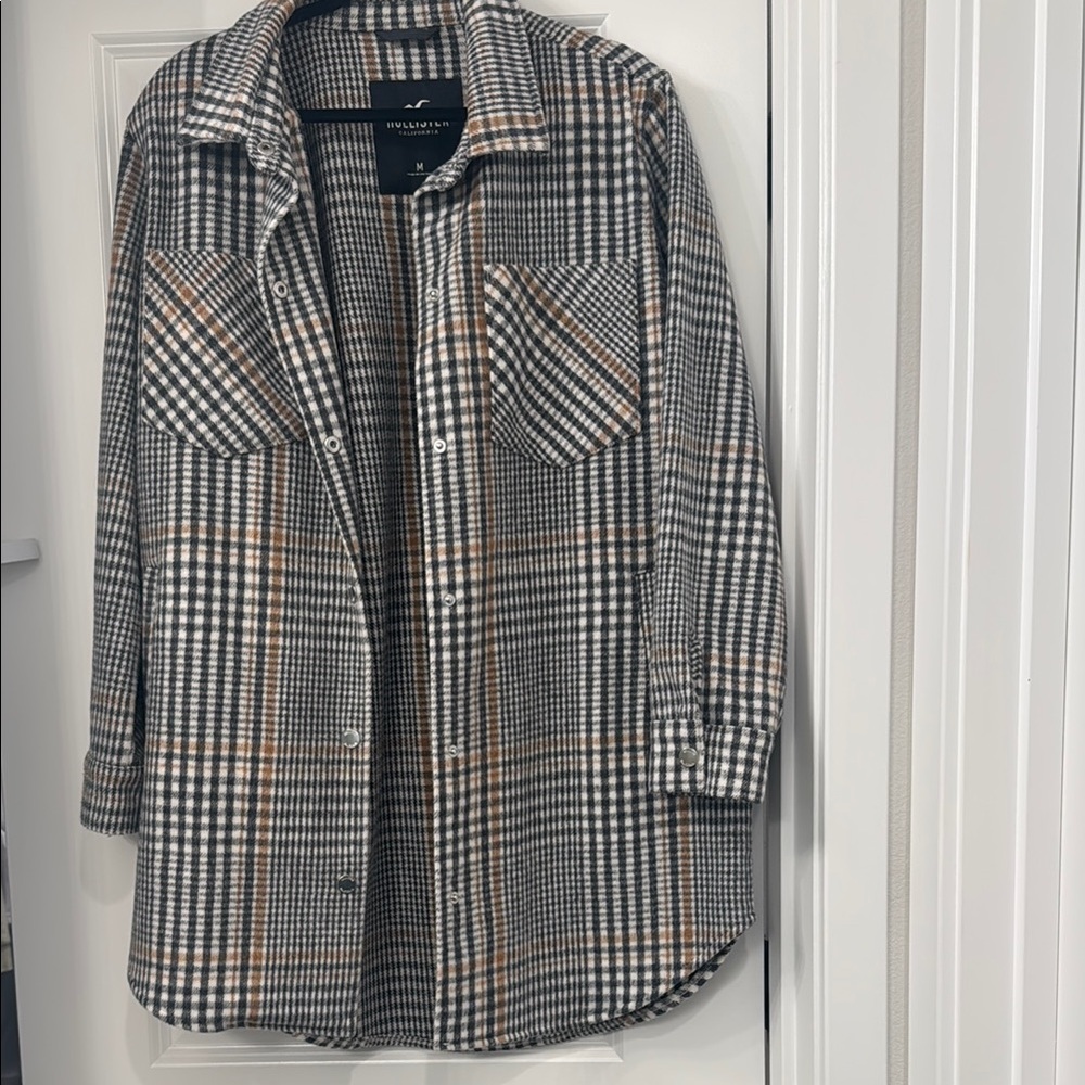 Hollister Plaid Pea Coat - Black, White, Brown